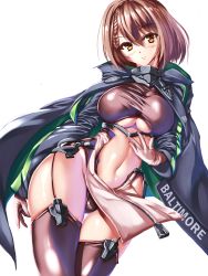 Rule 34 | 1girl, ahoge, armor, azur lane, baltimore (azur lane), black leotard, black thighhighs, blue coat, blush, braid, breasts, brown hair, center opening, character name, clothing cutout, coat, collar, commentary request, cowboy shot, faulds, french braid, garter straps, gloves, groin, hair between eyes, hood, hood down, hooded coat, large breasts, leotard, leotard under clothes, long sleeves, looking at viewer, midriff, multicolored coat, navel, pelvic curtain, shiny clothes, short hair, side slit, sidelocks, simple background, smile, solo, standing, stomach cutout, taut clothes, thighhighs, underboob, underboob cutout, white background, white gloves, wind, wind lift, yellow eyes, yoshikawa akito, zipper, zipper pull tab