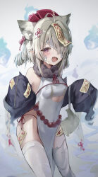 Rule 34 | 1girl, ahoge, animal ears, bandages, bare shoulders, bead belt, beads, breasts, cat ears, cat girl, cat tail, china dress, chinese clothes, clothing cutout, covered navel, detached sleeves, dress, extra ears, fangs, fur collar, grey hair, hair over one eye, hat, highres, hisiya (wldn1112), hitodama, jiangshi, long sleeves, looking at viewer, ofuda, open mouth, original, pelvic curtain, pointy ears, purple eyes, qingdai guanmao, short hair, side-tie peek, sleeveless, sleeveless dress, sleeves past fingers, sleeves past wrists, small breasts, smile, solo, tail, thighhighs, thighs, underboob cutout, white dress, white thighhighs