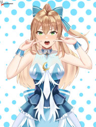 Rule 34 | 1girl, absurdres, alternate costume, bare shoulders, blue bow, blue dress, blush, bow, commentary, cowboy shot, diene (epic seven), dotted background, dress, epic seven, frilled cuffs, frilled dress, frills, gem, green eyes, hair between eyes, hair bow, hands up, highres, light brown hair, long hair, looking at viewer, magical girl, mole, mole under mouth, open mouth, pointing, pointing at self, sleeveless, sleeveless dress, solo, sweatdrop, tongue, twitter username, twomoon, white background, wrist cuffs