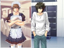 Rule 34 | 2boys, alternate costume, apron, blush, brown hair, cosplay, crossdressing, death note, embarrassed, enmaided, indoors, l (death note), maid, maid apron, male focus, multiple boys, shueisha, standing, yagami light