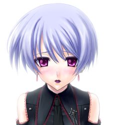 Rule 34 | 00s, 1girl, animated, animated png, bare shoulders, blinking, blue hair, blush, chaos;head, cross, earrings, eyeshadow, hair between eyes, jewelry, kishimoto ayase, lipstick, looking at viewer, makeup, necktie, open mouth, purple eyes, purple lips, robber-krzk, short hair, simple background, solo, white background