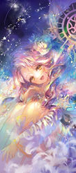 Rule 34 | 1girl, 888myrrh888, colorful, feathers, flower, hair flower, hair ornament, hairpin, highres, horns, knees to chest, long hair, long sleeves, looking at viewer, open mouth, original, pink hair, rose, sky, solo, star (sky), star (symbol), starry sky, tagme, tassel, white flower, white rose, yellow eyes