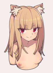Rule 34 | 1girl, animal ear fluff, animal ears, blonde hair, blunt bangs, breasts, closed mouth, cropped torso, everyntrge, eyeliner, grey background, looking at viewer, makeup, nipples, original, red eyes, sidelocks, simple background, small breasts, smile, solo, upper body