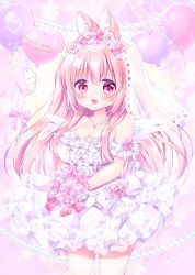 Rule 34 | 1girl, absurdres, animal ears, blonde hair, blush, bouquet, breasts, bridal gauntlets, bridal veil, bride, chiika (cure cherish), cleavage, collarbone, dress, floral background, flower, frilled dress, frilled skirt, frilled sleeves, frills, hair flower, hair ornament, highres, jewelry, lace, lace veil, large breasts, long hair, looking at viewer, medium breasts, necklace, original, pink eyes, pink hair, ribbon, skirt, solo, veil, very long hair, wedding, wedding dress
