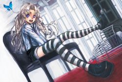 Rule 34 | 1boy, androgynous, bird, blue eyes, cage, grey hair, highres, long hair, male focus, open mouth, original, rbn, sitting, solo, striped clothes, striped thighhighs, thighhighs, trap