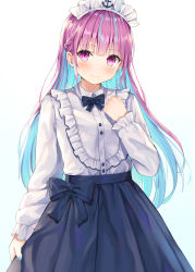 Rule 34 | 1girl, absurdres, ahoge, anchor, blue bow, blue hair, blue skirt, blush, bow, braid, closed mouth, colored inner hair, commentary, english commentary, frilled shirt, frills, hand up, highres, hokori sakuni, hololive, long hair, long sleeves, looking at viewer, minato aqua, multicolored hair, nail polish, pink eyes, pleated skirt, purple hair, shirt, simple background, skirt, smile, solo, two-tone hair, very long hair, virtual youtuber, white background, white shirt