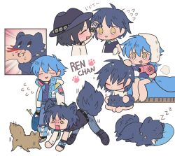 Rule 34 | 3boys, all fours, animal ears, bed, biting, biting another&#039;s hand, black hair, blood, blue hair, blush, character name, chibi, closed eyes, dog, dog boy, dog ears, dog tail, dramatical murder, drying, drying hair, fang, flying sweatdrops, full body, hair between eyes, hair dryer, hat, headpat, headphones, headphones around neck, highres, holding, holding hair dryer, jacket, long hair, long sleeves, male focus, meremero, multiple boys, multiple views, open mouth, personification, pillow, ren (dramatical murder), roaring, sei (dramatical murder), seragaki aoba, shirt, short hair, simple background, sitting, sleeping, smile, tail, towel, towel on head, white background, yellow eyes, zzz