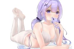 Rule 34 | 1girl, :o, azur lane, blush, bra, breasts, cellphone, commentary request, hair ornament, hair scrunchie, highres, long hair, looking at viewer, low twintails, lying, medium breasts, mukaino kei, no shoes, on stomach, pantyhose, phone, purple eyes, purple hair, scrunchie, shaded face, simple background, solo, twintails, underwear, unicorn (azur lane), white background, white bra, white pantyhose, x hair ornament