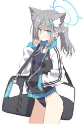 Rule 34 | 1girl, animal ear fluff, animal ears, bag, blue archive, blue eyes, blue one-piece swimsuit, breasts, closed mouth, earrings, extra ears, grey hair, hand in pocket, highres, jacket, jewelry, long hair, looking at viewer, mismatched pupils, multicolored clothes, multicolored jacket, one-piece swimsuit, partially unzipped, ponytail, satou kibi, shiroko (blue archive), shiroko (swimsuit) (blue archive), shoulder bag, simple background, small breasts, smile, solo, standing, swimsuit, swimsuit under clothes, two-tone jacket, white background
