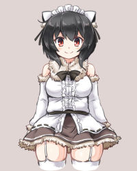Rule 34 | 1girl, adapted costume, animal ears, bare shoulders, black hair, blush, breasts, cat ears, detached sleeves, fake animal ears, fur trim, garter straps, highres, himeka (estacion), huyusilver, looking at viewer, maid headdress, medium breasts, miniskirt, mrs. estacion, red eyes, short hair, skirt, smile, solo, thighhighs, thighs, wide hips, winter clothes