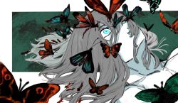 Rule 34 | 1boy, blue eyes, bug, butterfly, butterfly wings, cape, covered mouth, fate/grand order, fate (series), fur-trimmed cape, fur trim, grey hair, hair between eyes, highres, insect, insect wings, long hair, lying, male focus, nekoyamasd, oberon (fate), one eye covered, solo, wings