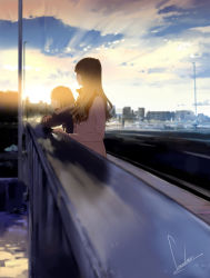 Rule 34 | 2girls, artist name, blurry, bridge, brown hair, building, city, cloud, cloudy sky, coat, cover, cover page, depth of field, fringe trim, from side, highres, kiokuya, lamppost, leaning forward, lens flare, light rays, long hair, long sleeves, looking away, loundraw, multiple girls, official art, outdoors, profile, railing, red scarf, river, road, scarf, signature, sky, standing, street, walking, water, white scarf, winter clothes, winter coat
