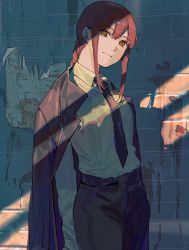 Rule 34 | 1girl, black jacket, black legwear, black necktie, black pants, blood, blood on wall, braid, braided ponytail, brick wall, business suit, chainsaw man, collared shirt, formal, hair between eyes, high-waist pants, highres, jacket, light smile, long hair, long sleeves, looking at viewer, makima (chainsaw man), necktie, pants, red hair, ringed eyes, shade, shadow, shirt, shirt tucked in, smile, solo, suemare1, suit, white shirt, yellow eyes