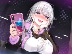 Rule 34 | 1girl, black jacket, blush, braid, breast rest, breasts, cellphone, collarbone, collared shirt, dutch angle, hair between eyes, hand on own cheek, hand on own face, highres, holding, holding phone, jacket, large breasts, long hair, long sleeves, looking at viewer, non-web source, open mouth, original, phone, purple card, purple eyes, rozea (graphmelt), school uniform, shirt, sidelocks, smartphone, smile, solo, unbuttoned, unbuttoned shirt, white hair, white shirt