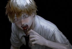 Rule 34 | 1boy, black background, black necktie, bleeding, blonde hair, blood, blood on clothes, brown eyes, chainsaw man, collared shirt, commentary, denji (chainsaw man), from above, hand up, highres, injury, k041800, looking down, male focus, necktie, open mouth, sharp teeth, shirt, short hair, signature, simple background, solo, surprised, sweat, symbol-only commentary, teeth, tongue, tongue out, upper body, white shirt, wide-eyed