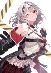 Rule 34 | 1girl, bare shoulders, black hair, blush, breasts, camisole, frilled camisole, frills, grin, hair ornament, highres, hololive, kakage, large breasts, looking at viewer, multicolored hair, off-shoulder jacket, off shoulder, one eye closed, plaid, plaid skirt, red eyes, sakamata chloe, sakamata chloe (1st costume), short hair, silver hair, skirt, smile, solo, streaked hair, virtual youtuber, white camisole, x hair ornament