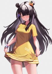 Rule 34 | 1girl, absurdres, ami no fuda, black hair, blunt bangs, blush, clothes lift, collared dress, colored inner hair, double bun, dress, dress lift, ghost hair ornament, hair bun, hair ornament, hairclip, highres, long hair, looking at viewer, multicolored hair, nijisanji, nose blush, purple hair, purple nails, short sleeves, simple background, solo, umise yotsuha, very long hair, virtual youtuber, white background, wristband, yellow dress, yellow eyes, yellow nails