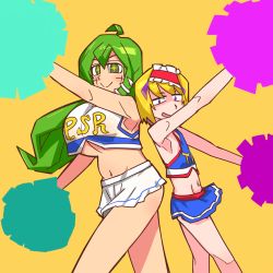Rule 34 | + +, 2girls, ahoge, alice margatroid, blonde hair, blue shirt, blue skin, breasts, cheerleader, closed mouth, clothes writing, colored skin, commentary request, cookie (touhou), crop top, facepaint, feet out of frame, flat chest, frilled hairband, frills, green eyes, green hair, hairband, highres, huge breasts, kochiya sanae, long hair, looking at viewer, midriff, miniskirt, multiple girls, navel, open mouth, parody, paseri (cookie), pom pom (cheerleading), purple eyes, red hairband, scotch (cookie) (style), shirt, short hair, simple background, skirt, sleeveless, sleeveless shirt, smile, style parody, tagechan, taisa (cookie), touhou, white shirt, white skirt, yellow background