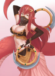 Rule 34 | 10s, 1girl, arm up, bare shoulders, bikini, bikini top only, breasts, bridal gauntlets, chakram, cleavage, detached collar, dual wielding, hair between eyes, hair ornament, hairclip, highres, holding, jiffic, lamia, large breasts, long hair, looking at viewer, miia (monster musume), monster girl, monster musume no iru nichijou, navel, pointy ears, red hair, scales, simple background, slit pupils, smile, solo, swimsuit, veil, weapon, yellow eyes