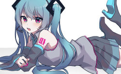 Rule 34 | alternate eye color, aqua hair, aqua necktie, bare shoulders, black skirt, black sleeves, commentary, crossed arms, detached sleeves, dripping, from side, grey shirt, hair ornament, hatsune miku, headphones, headset, high heels, highres, krlouvf, legs up, long hair, looking at viewer, looking to the side, lying, miniskirt, nail polish, necktie, on stomach, open mouth, pink eyes, pink nails, pleated skirt, shirt, shoulder tattoo, skirt, sleeveless, sleeveless shirt, solo, tattoo, twintails, very long hair, vocaloid