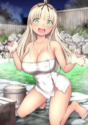 Rule 34 | 1girl, :d, absurdres, alternate breast size, barefoot, basket, blonde hair, breasts, cleavage, collarbone, commentary request, green eyes, hair ribbon, highres, holding, holding sponge, kantai collection, kneeling, kuromayu, large breasts, long hair, looking at viewer, naked towel, onsen, open mouth, outdoors, ribbon, smile, solo, sponge, toes, towel, white towel, yuudachi (kancolle)