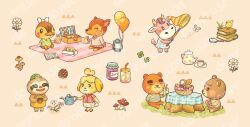 Rule 34 | 2boys, 5girls, :3, ^ ^, animal crossing, apron, baguette, balloon, baseball cap, basket, bear boy, bear girl, bird, black eyes, blanket, blush, blush stickers, book, book stack, bookmark, bow, bread, bright pupils, brown background, brown shirt, bug, butterfly, butterfly net, buttons, closed eyes, closed mouth, clover, collared shirt, commentary, commission, cow girl, cup, deer girl, dog girl, doughnut, dress, drink, drinking straw, duck girl, english commentary, fauna (animal crossing), flower, flower pot, fly agaric, food, fork, four-leaf clover, fruit, furry, furry female, furry male, grapes, grass, green headwear, green shirt, hand net, hat, highres, holding, holding butterfly net, holding cup, holding flower pot, holding food, holding watering can, horns, insect, isabelle (animal crossing), jam, jar, kerosene lamp, knife, kurain villager, leaf print, leif (animal crossing), lime (fruit), lime slice, long sleeves, looking at another, magnifying glass, maple (animal crossing), molly (animal crossing), multicolored clothes, multicolored dress, multiple boys, multiple girls, mushroom, nintendo, norma (animal crossing), on grass, open book, pastry box, pencil skirt, picnic, picnic basket, pinecone, plant, plate, potted plant, print shirt, red shirt, sandwich, saucer, shirt, short sleeves, simple background, sitting, skirt, sleeveless, sleeveless dress, sloth boy, smile, standing, t-shirt, tea, teacup, teapot, teddy (animal crossing), thick eyebrows, topknot, tree stump, walking, watering can, white bow, white butterfly, white dress, white flower, white pupils, white skirt, yellow apron, yellow horns, yellow shirt