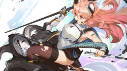 Rule 34 | 1girl, 1other, animal ear fluff, animal ears, arknights, barcode, barcode tattoo, bodysuit, bodysuit under clothes, breasts, fighting, gravel (arknights), hair between eyes, headset, highres, holding, holding weapon, horns, in the face, kyma curry, long hair, medium breasts, microphone, open mouth, partial bodysuit, pink hair, red eyes, tattoo, thighhighs, torn clothes, torn legwear, weapon