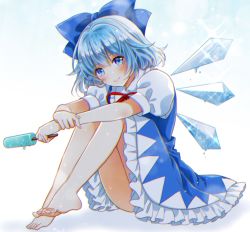 Rule 34 | 1girl, barefoot, blue bow, blue dress, blue eyes, blue hair, bow, cirno, dress, food, hair bow, ice, ice wings, knees up, light smile, okawa friend, popsicle, short sleeves, sitting, solo, sparkle, toes, touhou, wings
