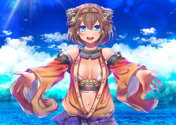 Rule 34 | 1girl, :d, bare shoulders, blue eyes, blue sky, breasts, brown hair, dark-skinned female, dark skin, day, detached sleeves, large breasts, looking at viewer, navel, open clothes, open mouth, orange sleeves, oshiro project:re, oshiro project:re, outstretched arms, short hair, shuri (oshiro project), sky, smile, solo, spread arms, suou sakura, upper body