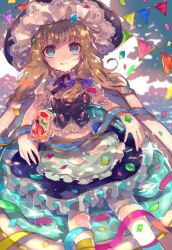 Rule 34 | 1girl, apron, bathtub, black ribbon, black skirt, blonde hair, blue bow, blue eyes, blush, bow, braid, cha goma, confetti, food, frilled skirt, frills, frozen fruit, fruit, hair bow, hat, highres, kirisame marisa, looking at viewer, no pupils, popsicle, ribbon, short sleeves, side braid, single braid, sitting, skirt, smile, solo, sparkle, tongue, tongue out, touhou, vest, water, witch hat