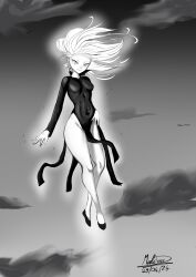 Rule 34 | 1girl, artist name, bad tag, bare hips, breasts, covered navel, covering crotch, covering privates, crotch, curly hair, dress, floating, flying, full body, grey background, greyscale, groin, groin outline, hand on own hip, high heels, highres, hip vent, long sleeves, looking at viewer, madsdross, manga (object), manga style, medium hair, midriff, monochrome, one-punch man, petite, pumps, robe, seductive gaze, seductive smile, short hair, sky, small breasts, smile, smirk, solo, tatsumaki, thick thighs, thighs, tornado of terror, wide-eyed, wide hips, wide oval eyes