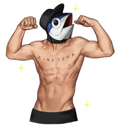 Rule 34 | 1boy, abs, arms up, artist name, biceps, black hat, double biceps pose, fish head, flexing, hat, male focus, muscular, muscular male, nipples, original, pectorals, rinotuna, simple background, solo, sparkle, topless male, white background