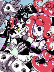 Rule 34 | + +, 2girls, ;d, arm up, armband, armor, artist name, belt, bike shorts, black hair, black sclera, blue background, blurry, blurry foreground, callie (splatoon), colored sclera, cosplay, crossed arms, depth of field, earrings, elbow gloves, fangs, fingerless gloves, food, food on head, gloves, green eyes, hand on own hip, head tilt, heterochromia, highres, holding, inkling, jewelry, long hair, looking at viewer, mechanical tentacles, midriff, mole, mole under eye, multiple girls, navel, nintendo, object on head, one eye closed, open mouth, pancake, pancake (zoza), partially colored, pointy ears, red hair, shirt, signature, sleeveless, sleeveless shirt, smile, splatoon (series), splatoon 2, standing, sunglasses, sushi, takozonesu, takozonesu (cosplay), tattoo, tentacle hair, upper body, very long hair, yellow eyes, zoza