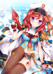 Rule 34 | 10s, 1girl, anchor, arm support, blush, brown thighhighs, detached sleeves, epaulettes, fingerless gloves, gloves, hat, holding, jacket, jacket on shoulders, knee up, leg tattoo, light particles, love live!, love live! school idol festival, love live! school idol project, military, military uniform, miniskirt, naval uniform, navel, necktie, nishikino maki, nogi takayoshi, peaked cap, purple eyes, red gloves, red hair, red necktie, skirt, sleeveless, smile, solo, sparkle, star (symbol), star tattoo, steering wheel, striped clothes, striped gloves, tattoo, thighhighs, uniform, water, water gun