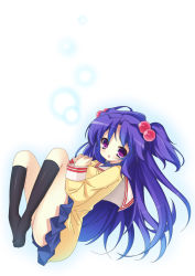 Rule 34 | 00s, 1girl, :o, bad id, bad pixiv id, black socks, blue hair, clannad, hair bobbles, hair ornament, highres, ichinose kotomi, kneehighs, long hair, looking at viewer, no shoes, purple eyes, school uniform, socks, solo, twintails, two side up, yamucha