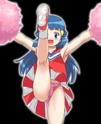 Rule 34 | 1girl, blue eyes, blue hair, blush, cheerleader, clothes lift, creatures (company), dawn (pokemon), duplicate, game freak, hair ornament, kohsaka jun, long hair, nintendo, panties, pantyshot, pink panties, pixel-perfect duplicate, pokemon, pokemon (anime), pokemon dppt (anime), pom pom (cheerleading), shoes, skirt, skirt lift, smile, sneakers, split, underwear