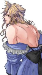 Rule 34 | 1boy, back bow, beckey9415, blonde hair, blue eyes, bow, cloud strife, crossdressing, dress, earrings, final fantasy, final fantasy vii, final fantasy vii remake, frilled dress, frills, highres, jewelry, lipstick, long hair, looking back, makeup, male focus, muscular, muscular male, official alternate costume, open clothes, purple dress, solo, spiked hair, square enix, upper body, wall market, wavy hair, white background