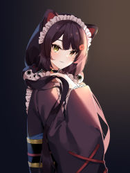 Rule 34 | 1girl, :3, animal ears, bad id, bad pixiv id, black background, black hair, brown background, brown eyes, brown kimono, closed mouth, dog ears, dog hair ornament, flower, gradient background, hair flower, hair ornament, hand up, heterochromia, highres, inui toko, japanese clothes, kimono, long hair, long sleeves, looking at viewer, looking to the side, low twintails, maid, maid headdress, mania (fd6060 60), nijisanji, obi, red flower, sash, solo, twintails, upper body, very long hair, virtual youtuber, wa maid, wide sleeves