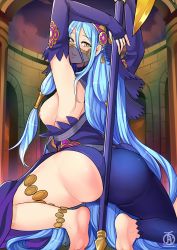 Rule 34 | 1girl, anklet, arms up, ass, asymmetrical legwear, azura (fire emblem), barefoot, between buttocks, blue hair, elbow gloves, female focus, fingerless gloves, fire emblem, fire emblem fates, from behind, gloves, highres, holding, jewelry, long hair, looking back, mouth veil, nintendo, nipples, parted lips, pole dancing, revolverwing, soles, solo, squatting, thighlet, uneven legwear, veil, yellow eyes