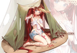Rule 34 | 1girl, arm up, bare shoulders, barefoot, bikini, blue eyes, blue shorts, brown hat, character request, closed mouth, clouble, copyright name, damaged, hand up, hat, highres, holding, knees together feet apart, long hair, looking at viewer, official art, patch, red: pride of eden, red hair, short shorts, shorts, sidelocks, simple background, sitting, skindentation, solo, starfish, straw hat, swimsuit, tent, torn clothes, torn hat, twintails, very long hair, wariza, watermark, wavy mouth, wet, white background, white bikini, zoom layer