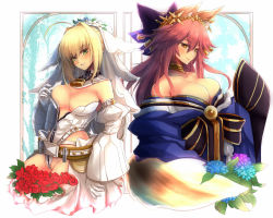 Rule 34 | 10s, 2girls, ahoge, animal ears, arm strap, back-to-back, bare shoulders, belt, belt skirt, blonde hair, blush, bouquet, bow, breasts, bursting breasts, center opening, choker, cleavage, closed mouth, cowboy shot, detached collar, detached sleeves, eyebrows, fate/extra, fate/extra ccc, fate/grand order, fate (series), flower, fox ears, fox tail, gloves, green eyes, grin, groin, hair between eyes, hair bow, hair intakes, hair ornament, half-closed eyes, head tilt, highleg, highleg leotard, japanese clothes, jewelry, kimono, large breasts, leaf, leotard, lock, long hair, long sleeves, looking at viewer, medium breasts, multiple girls, naughty face, neck ring, nero claudius (bride) (fate), nero claudius (bride) (second ascension) (fate), nero claudius (fate), nero claudius (fate) (all), no bra, off shoulder, official alternate costume, padlock, pink hair, puffy detached sleeves, puffy sleeves, purple bow, red flower, red rose, rose, seductive smile, short hair with long locks, showgirl skirt, sidelocks, skindentation, skirt, sleeves past wrists, smile, standing, studded belt, tail, tamamo no mae (fate/extra), tamamo no mae (third ascension) (fate), turtleneck, unzipped, veil, white gloves, wide sleeves, yellow eyes, yude, zipper