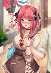 Rule 34 | 1boy, 1girl, bag, black ribbon, blue eyes, blunt bangs, blush, breasts, brown dress, butterfly hair ornament, choker, cleavage, collarbone, dress, embarrassed, frilled dress, frills, go-toubun no hanayome, hair ornament, handbag, highres, holding hands, interlocked fingers, inue ao, large breasts, looking at viewer, nail polish, nakano nino, nervous smile, outdoors, pink hair, red nails, ribbon, sailor collar, sleeves rolled up, smile, sweatdrop, twintails, v-shaped eyebrows