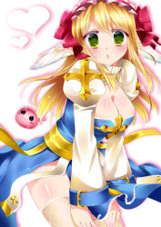 Rule 34 | 1girl, :3, arch bishop (ragnarok online), blonde hair, blue dress, blush, bow, breasts, cleavage, cleavage cutout, clothing cutout, commentary request, cowboy shot, cross, dress, fishnet thighhighs, fishnets, frilled hairband, frills, green eyes, hair bow, hairband, hands on own legs, head wings, heart, juliet sleeves, large breasts, long hair, long sleeves, looking at viewer, open mouth, pink15x, poring, puffy sleeves, ragnarok online, red bow, red hairband, sash, simple background, slime (creature), solo, thighhighs, two-tone dress, white background, white wings, wings, yellow sash, yellow thighhighs