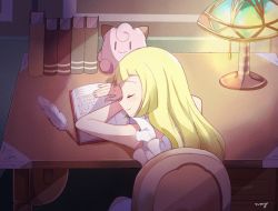 Rule 34 | 1girl, artist name, bad id, bad twitter id, bare shoulders, blonde hair, blush, book, chair, clefairy, closed eyes, closed mouth, creatures (company), desk, doll, dress, feathers, female focus, game freak, gen 1 pokemon, hair down, happy, indoors, lamp, lillie (pokemon), long hair, mei (maysroom), nintendo, open book, pajamas, pokemon, pokemon (anime), pokemon (creature), pokemon sm, pokemon sm (anime), signature, sitting, sleeping, sleeveless, sleeveless dress, smile, solo, stuffed animal, stuffed toy, table, white dress