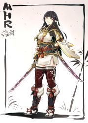 Rule 34 | 1girl, absurdres, armor, black hair, blunt bangs, blush, breasts, capcom, closed mouth, gloves, highres, hinoa, ishiyumi, japanese clothes, kamura (armor), katana, large breasts, long hair, looking at viewer, monster hunter (series), monster hunter rise, pointy ears, simple background, smile, solo, sword, weapon, yellow eyes