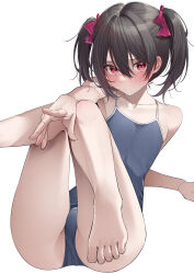 Rule 34 | 1girl, absurdres, barefoot, black hair, blue one-piece swimsuit, blush, bow, closed mouth, feet, flat chest, hair between eyes, hair bow, highres, kawai ritsu (rits meg), looking at viewer, love live!, love live! school idol project, one-piece swimsuit, red bow, red eyes, school swimsuit, short hair, simple background, sitting, solo, swimsuit, toes, twintails, white background, yazawa nico
