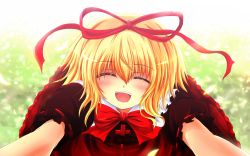 Rule 34 | 1girl, ^ ^, blonde hair, blush, bow, closed eyes, closed eyes, female focus, hair ribbon, highres, medicine melancholy, nekominase, open mouth, outstretched arms, petals, ribbon, short hair, short sleeves, solo, touhou