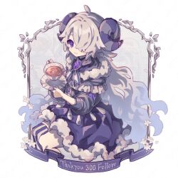 Rule 34 | 1girl, ahoge, brooch, capelet, closed mouth, cup, curled horns, dress, english text, frilled capelet, frills, fur-trimmed capelet, fur-trimmed dress, fur trim, grey capelet, grey hair, grey horns, grey jacket, hair over one eye, halftone, halftone background, hands up, holding, holding cup, holding saucer, horns, invisible chair, jacket, jewelry, legs apart, long hair, looking at viewer, milestone celebration, neoki ohae, one eye covered, original, over-kneehighs, puffy sleeves, purple dress, purple eyes, purple horns, saucer, sheep horns, single over-kneehigh, single thighhigh, sitting, smile, solo, striped clothes, striped horns, striped thighhighs, tea, teacup, thighhighs, twitter username, typo, vertical-striped clothes, vertical-striped thighhighs, very long hair, watermark, zoom layer