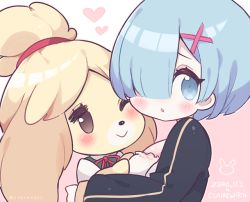 Rule 34 | 2girls, aliceyawnin, animal crossing, animal ears, artist name, black jacket, blonde hair, blue hair, blunt bangs, blush, bob cut, body fur, breasts, brown eyes, cheek-to-cheek, closed mouth, crossover, dog ears, dog girl, english text, female focus, from side, furry, furry female, green vest, hair ornament, hair over one eye, hair tie, hands up, happy, heads together, heart, hug, isabelle (animal crossing), jacket, long sleeves, looking at another, looking back, matching hair/eyes, medium breasts, multiple girls, neck ribbon, nintendo, one eye closed, open mouth, outline, pink background, pink outline, re:zero kara hajimeru isekai seikatsu, red ribbon, rem (re:zero), ribbon, shiny skin, shirt, short hair, short sleeves, simple background, smile, topknot, twitter username, two-tone background, upper body, vest, watermark, white shirt, x hair ornament