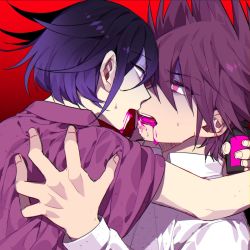 Rule 34 | 2boys, beard, black hair, blood, blood from mouth, collared shirt, commentary request, danganronpa (series), danganronpa v3: killing harmony, eye contact, facial hair, from side, goatee, gradient background, highres, holding, imminent kiss, jacket, jacket on shoulders, long sleeves, looking at another, male focus, medicine, momota kaito, multiple boys, nanin, open mouth, oma kokichi, pink blood, pink hair, pink jacket, purple eyes, purple hair, purple jacket, red background, red eyes, school uniform, shirt, short hair, smile, spiked hair, upper body, white shirt, yaoi